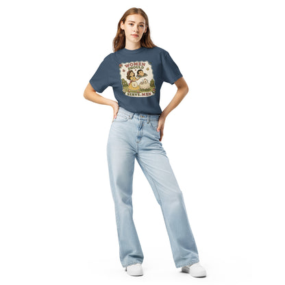 Women Must Serve Men Satirical Tee by Spinsterly Co in Blue Jean with retro graphic print on garment-dyed heavyweight t-shirt