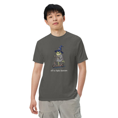 Off to Fight Fascism Wizard Frog Graphic Tee | Political Humor Statement Tee - Spinsterly Co