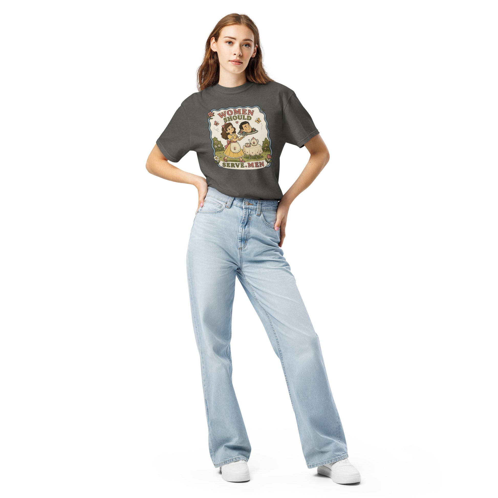 Women Must Serve Men Satirical Tee Smash the Patriarchy Garment-Dyed Heavyweight Tee Spinsterly Co in Black with retro graphic