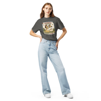 Women Must Serve Men Satirical Tee Smash the Patriarchy Garment-Dyed Heavyweight Tee Spinsterly Co in Black with retro graphic