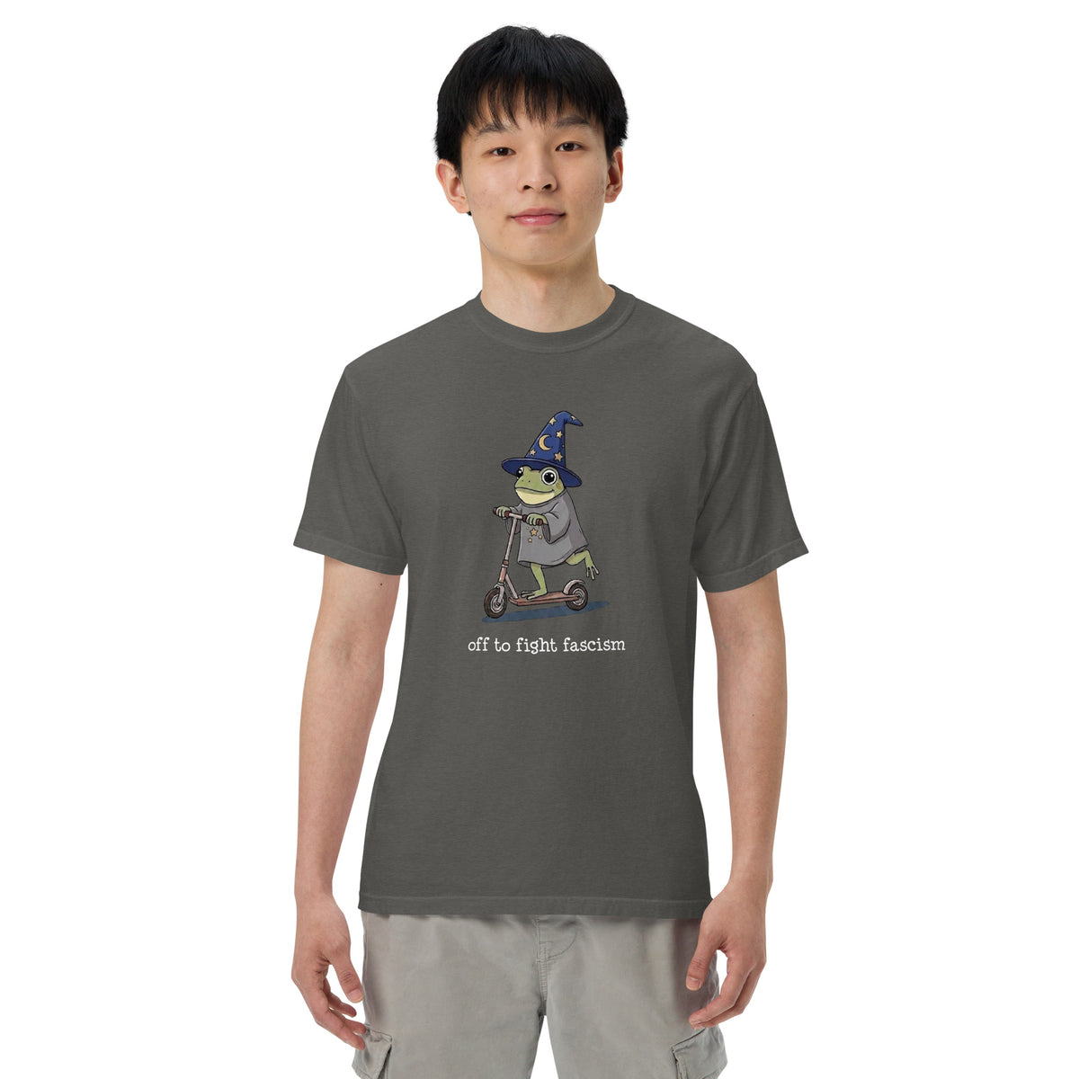 Off to Fight Fascism Wizard Frog Graphic Tee | Political Humor Statement Tee - Spinsterly Co