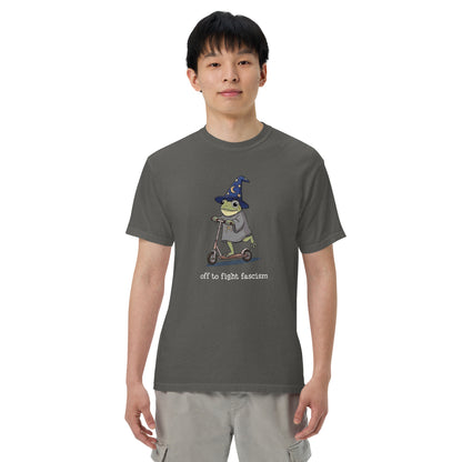 Off to Fight Fascism Wizard Frog Graphic Tee | Political Humor Statement Tee - Spinsterly Co