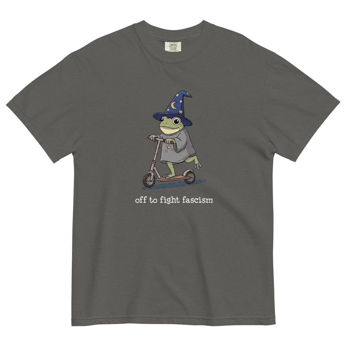 Off to Fight Fascism Wizard Frog Graphic Tee | Political Humor Statement Tee - Spinsterly Co