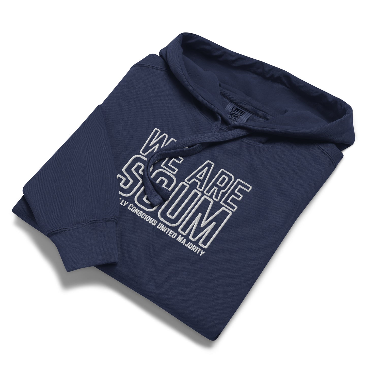 A navy blue pullover hoodie with a white graphic print reading 'WE ARE SCUM' and 'LY CONSCIOUS UNITED MAJORITY' underneath, shown folded on a white background.