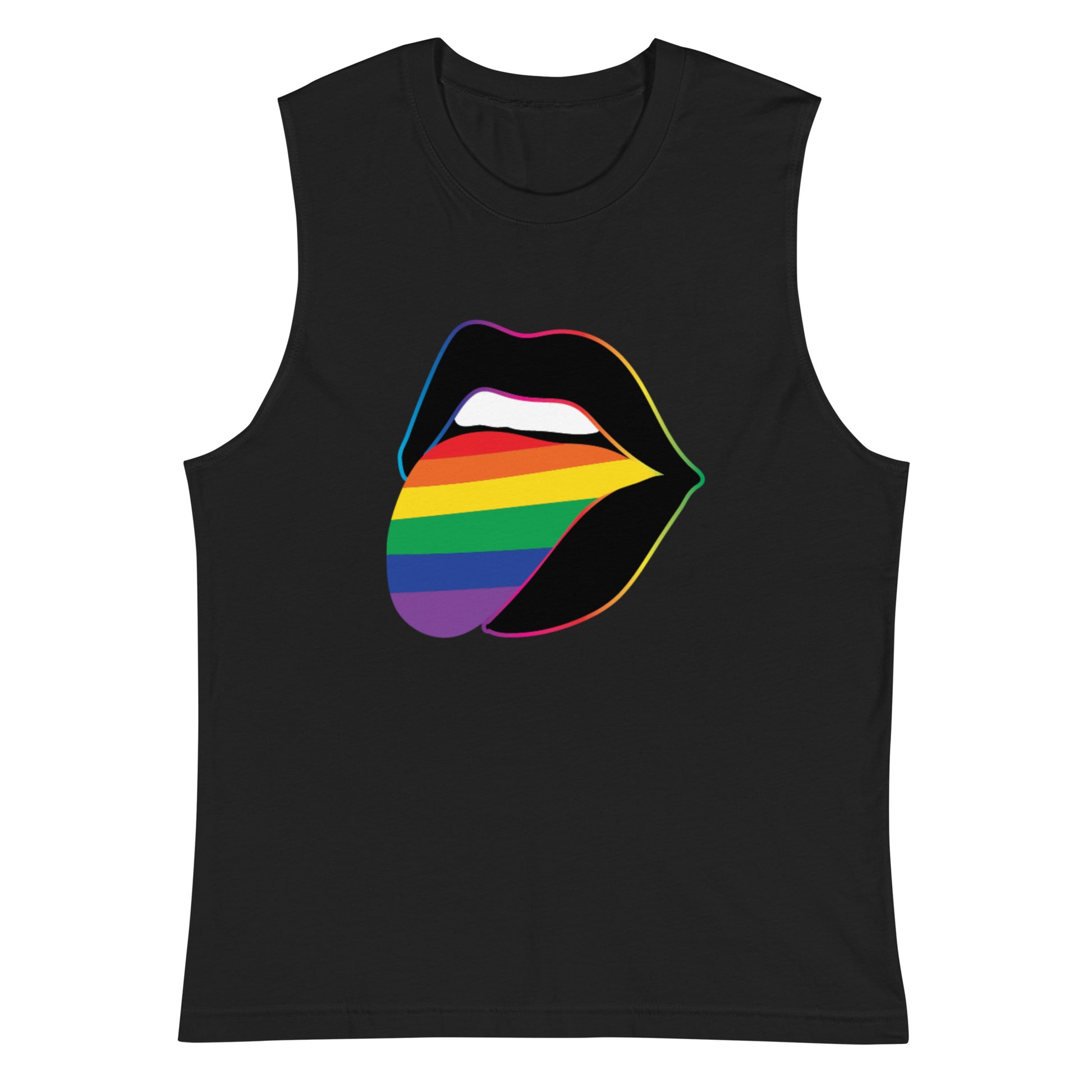 Pride Lips Rainbow Muscle Tank LGBTQ Sleeveless Graphic Tee by Spinsterly Co in black with pride lips print