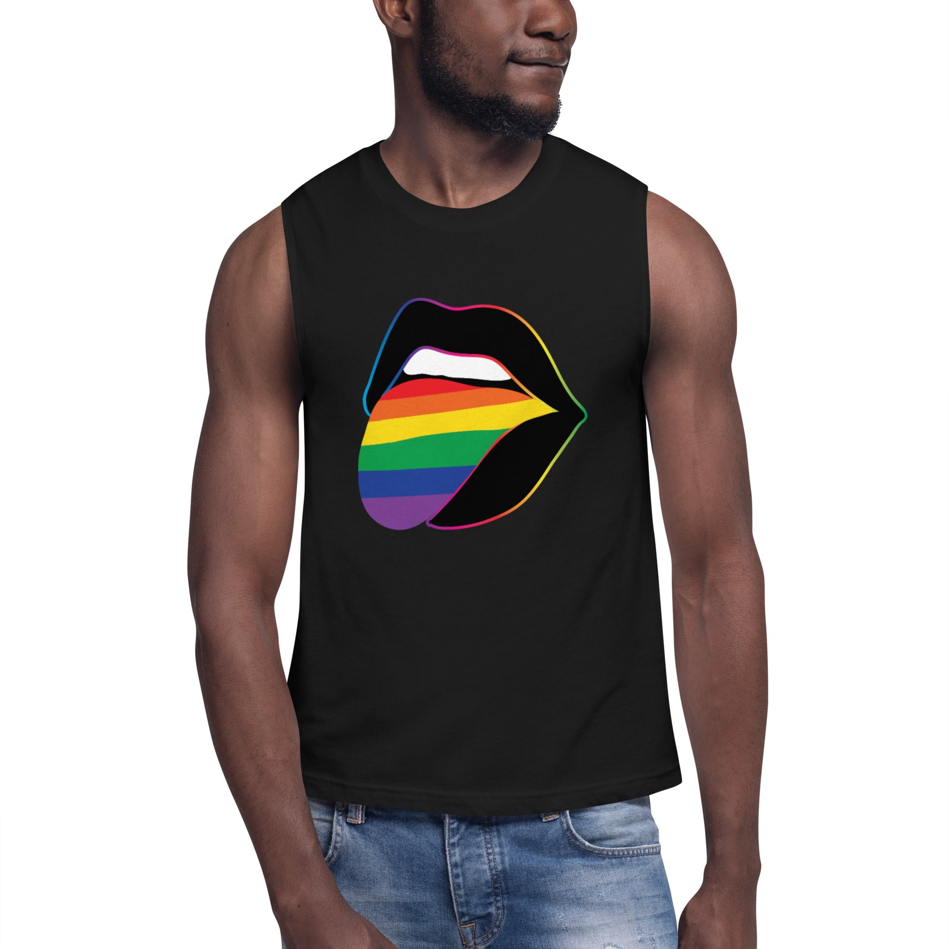 Pride Lips Rainbow Muscle Tank LGBTQ Sleeveless Graphic Tee by Spinsterly Co, black with rainbow lip print