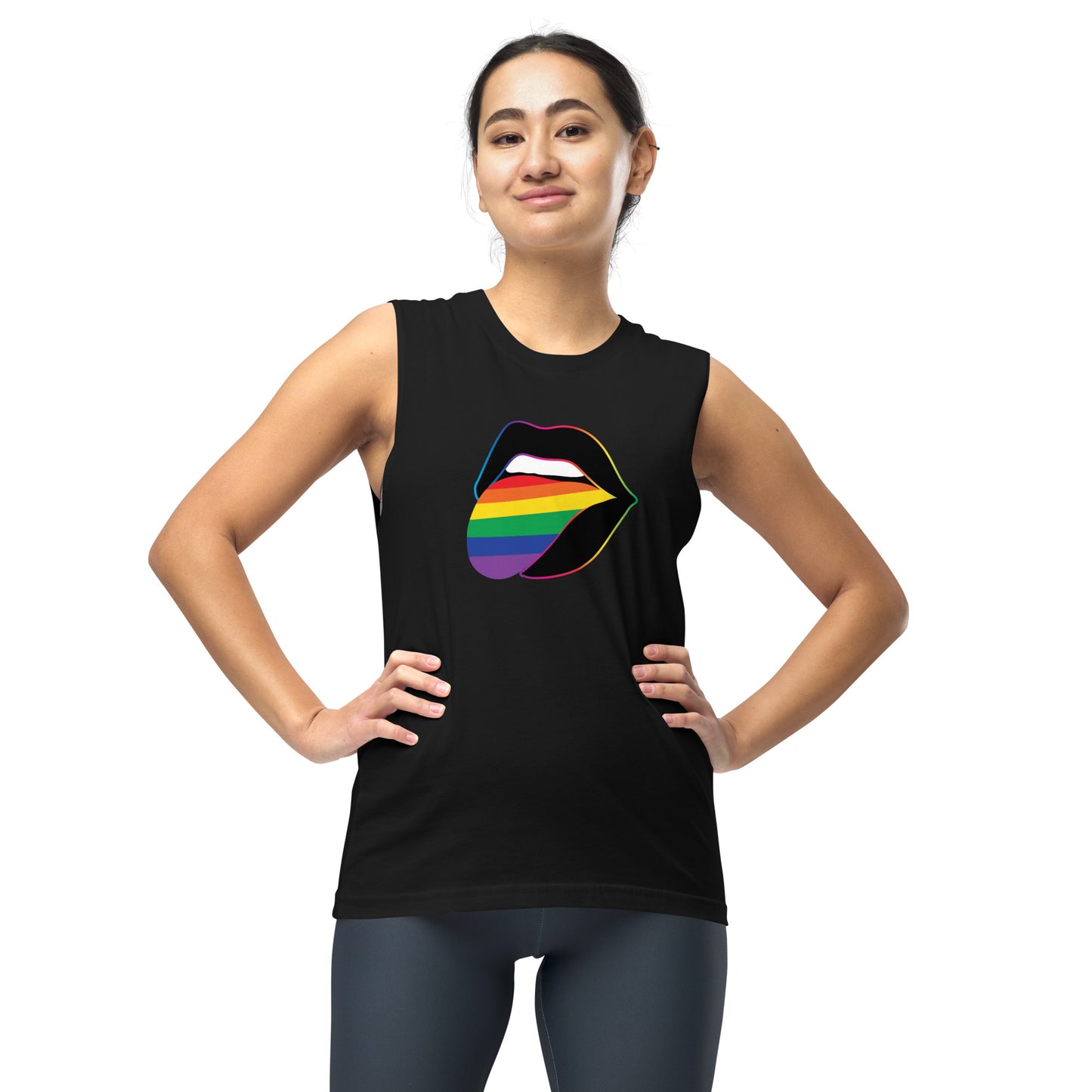 Pride Lips Rainbow Muscle Tank LGBTQ Sleeveless Graphic Tee by Spinsterly Co, black with relaxed fit