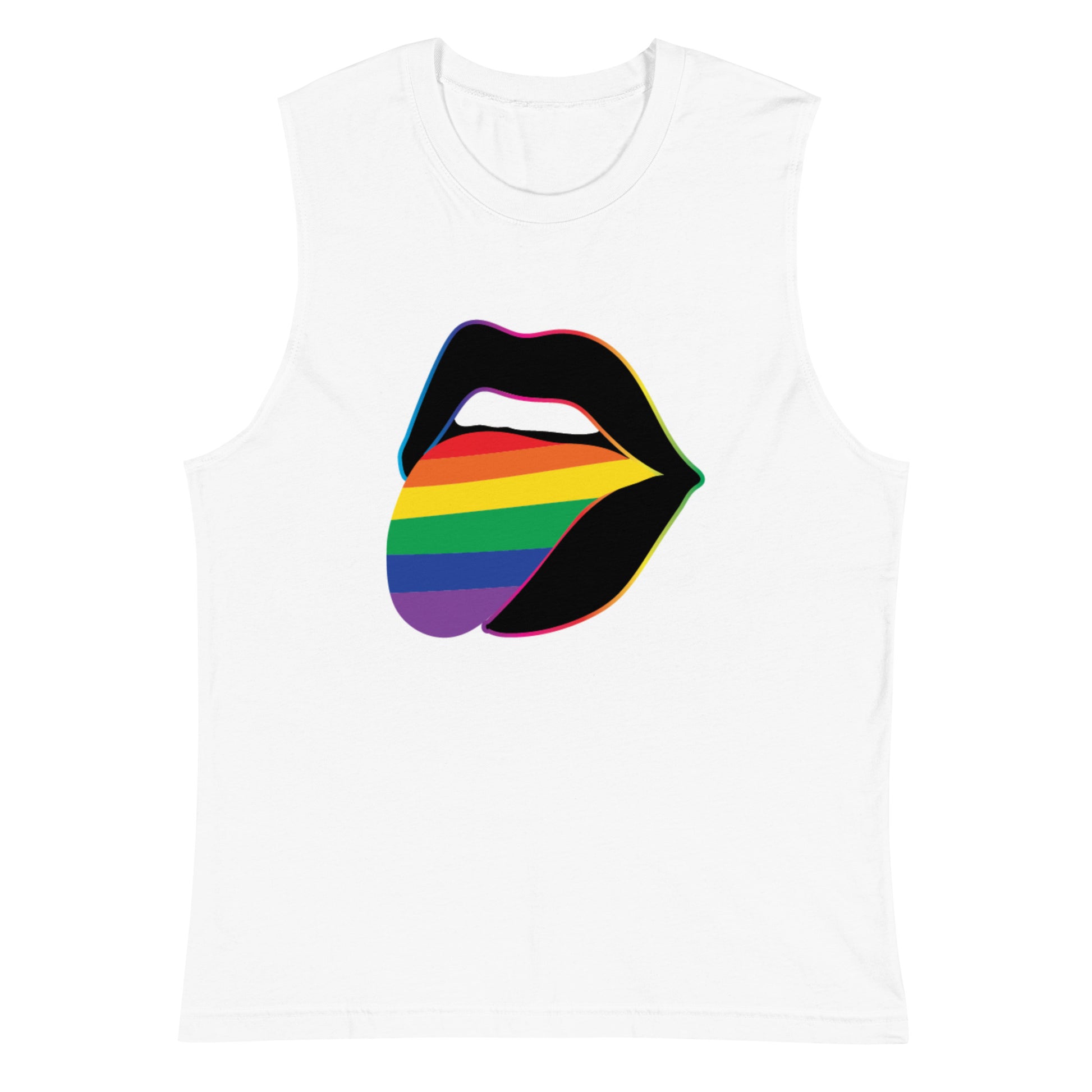 Pride Lips Rainbow Muscle Tank LGBTQ Sleeveless Graphic Tee by Spinsterly Co in white with rainbow lips print