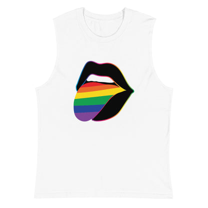 Pride Lips Rainbow Muscle Tank LGBTQ Sleeveless Graphic Tee by Spinsterly Co in white with rainbow lips print