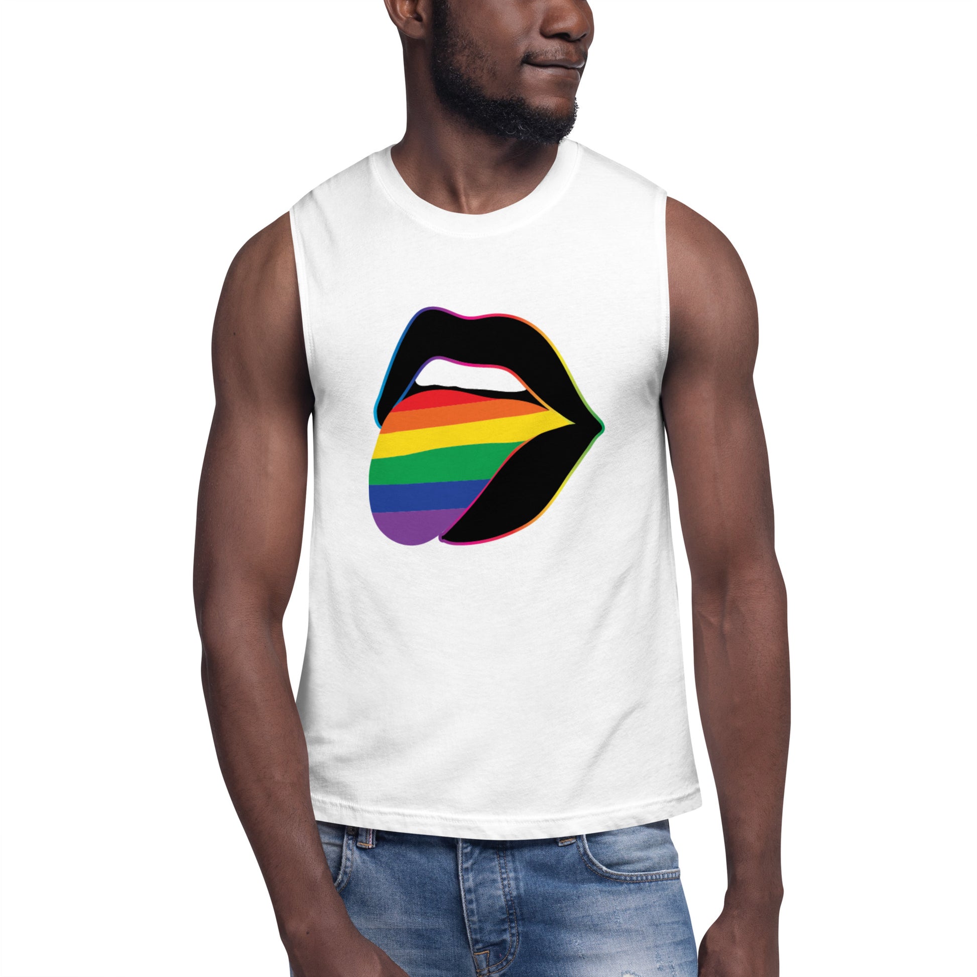 Pride Lips Rainbow Muscle Tank LGBTQ Sleeveless Graphic Tee by Spinsterly Co in white with rainbow lips print