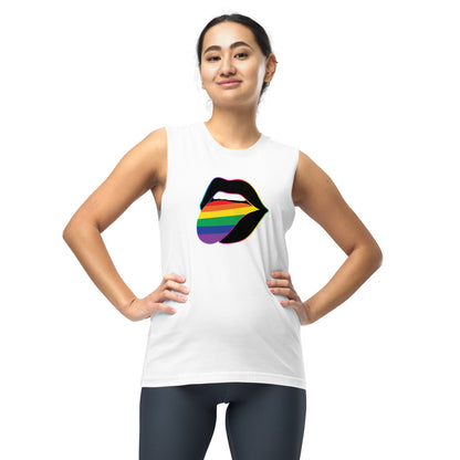 Pride Lips Rainbow Muscle Tank LGBTQ Sleeveless Graphic Tee by Spinsterly Co in white with relaxed fit