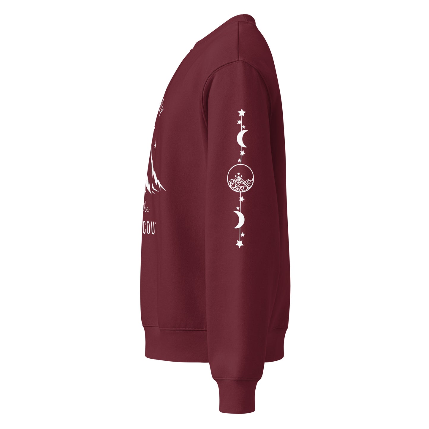 High Lady of the Night Court Oversized Crewneck Sweatshirt by Spinsterly Co in Maroon with mountain and star graphic