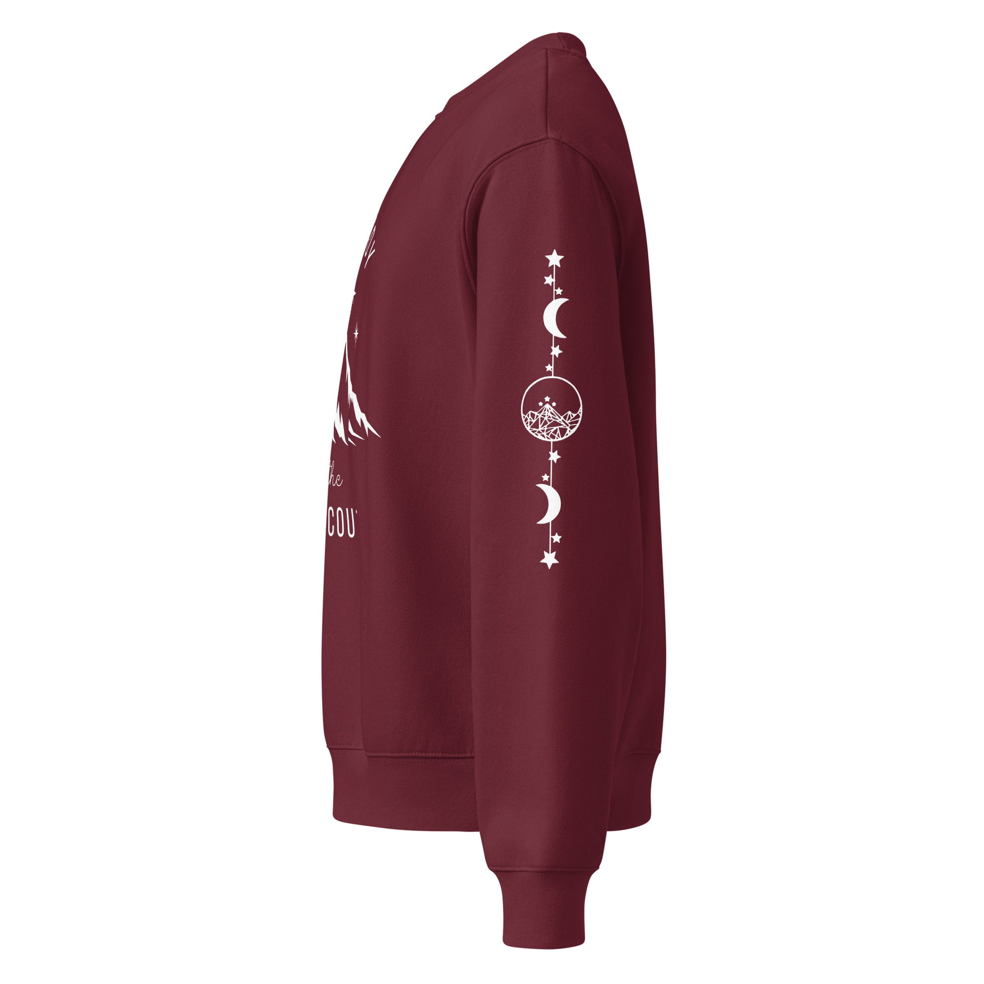 High Lady of the Night Court Oversized Crewneck Sweatshirt by Spinsterly Co in Maroon with mountain and star graphic