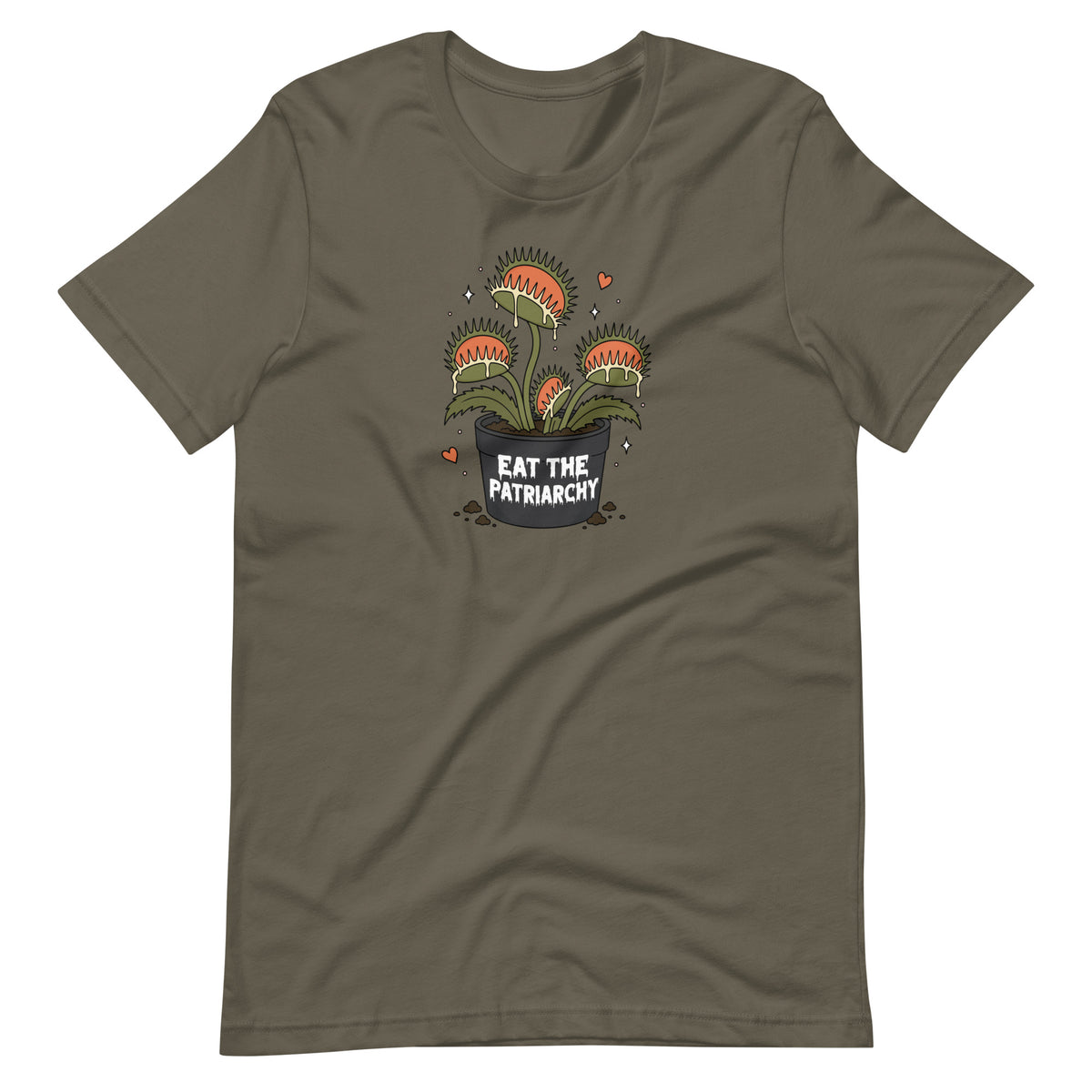 An olive green short-sleeve t-shirt with a central graphic of a potted carnivorous plant with the text 'EAT THE PATRIARCHY' and small red hearts, displayed on a solid white background.