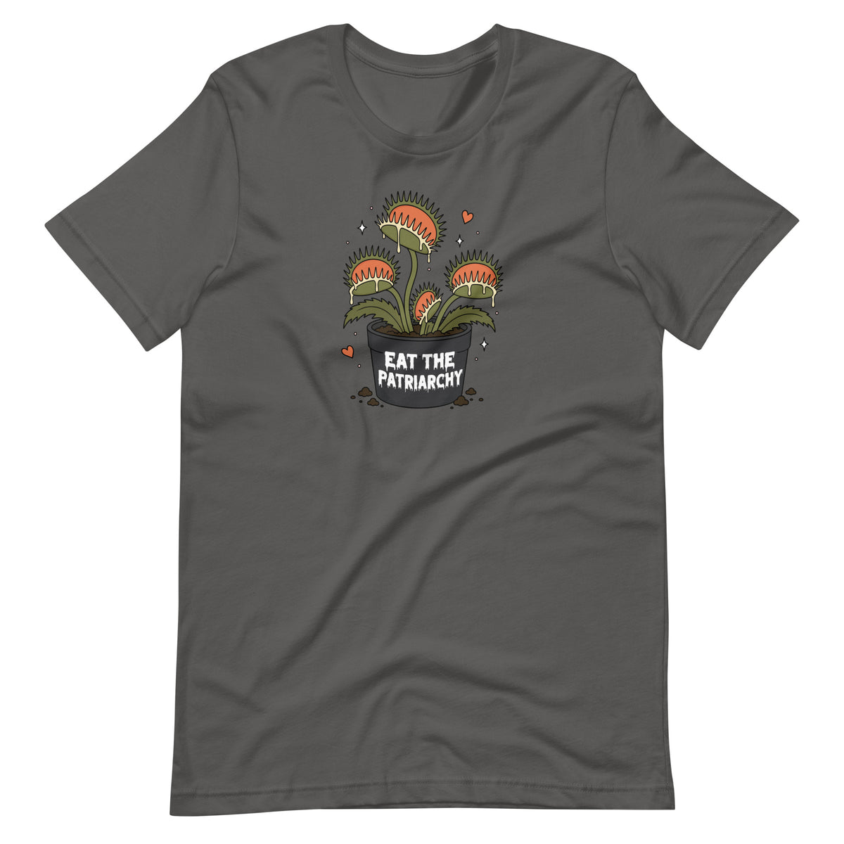 A dark gray short-sleeve t-shirt with a graphic of three carnivorous Venus flytraps in a pot with the text 'EAT THE PATRIARCHY' written below, displayed on a solid white background.