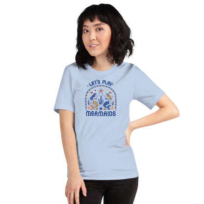 Let's Play Mermaids T-Shirt by Spinsterly Co in Baby Blue with mermaid graphic summer print