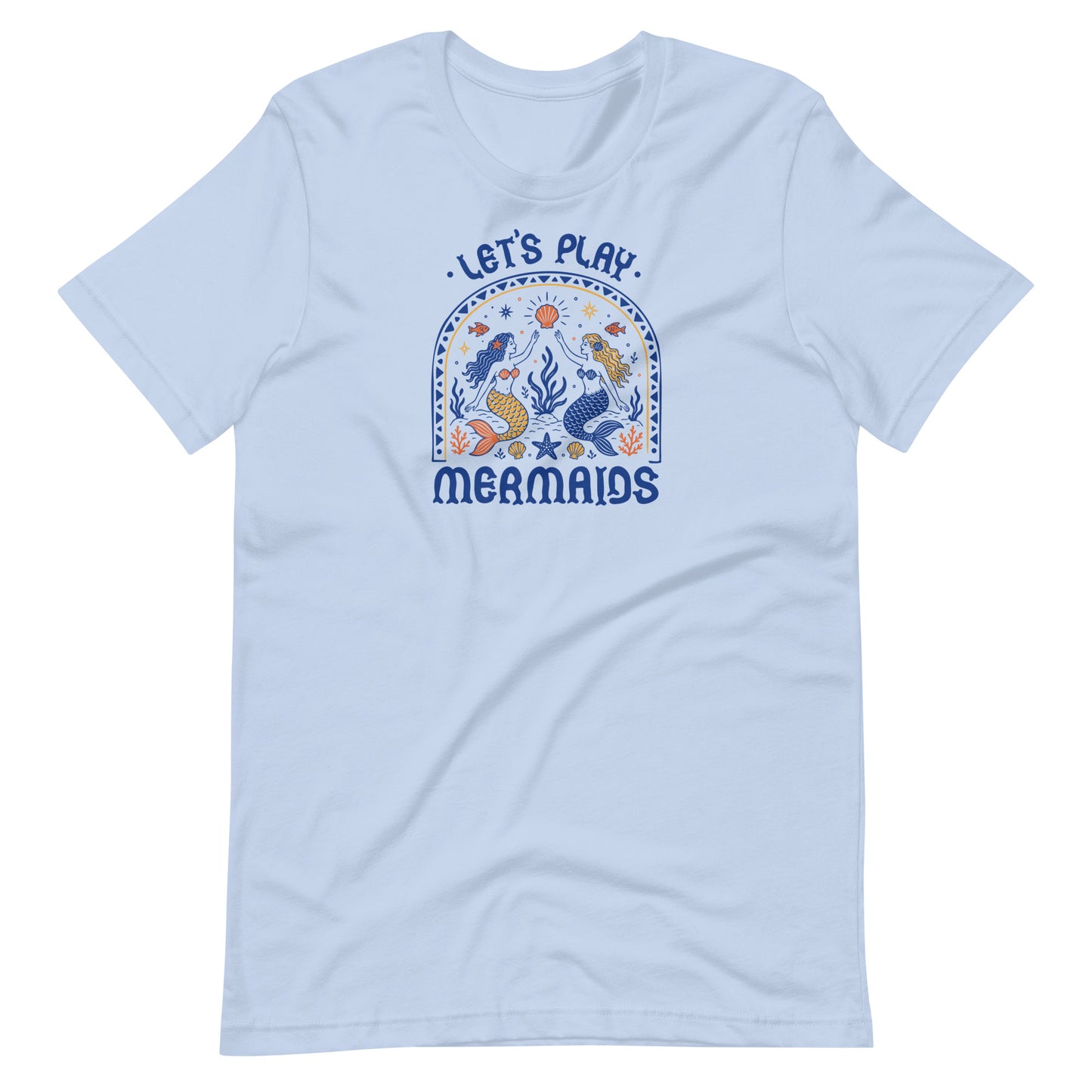 Let's Play Mermaids T-Shirt by Spinsterly Co in Baby Blue with mermaid graphic summer print for beach wear