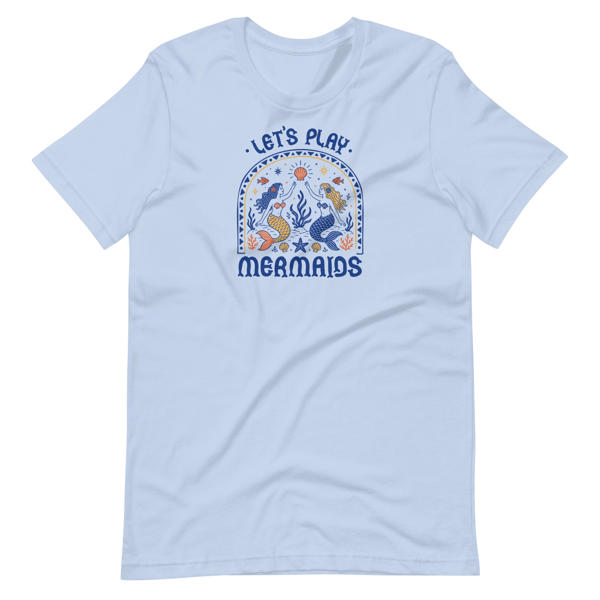 Let's Play Mermaids T-Shirt by Spinsterly Co in Baby Blue with mermaid graphic summer print for beach wear