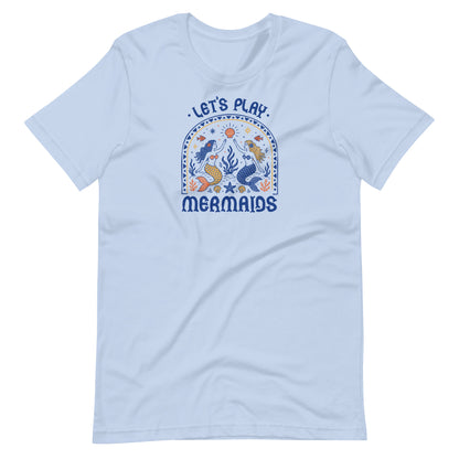 Let's Play Mermaids T-Shirt by Spinsterly Co in Baby Blue with mermaid graphic summer print for beach wear