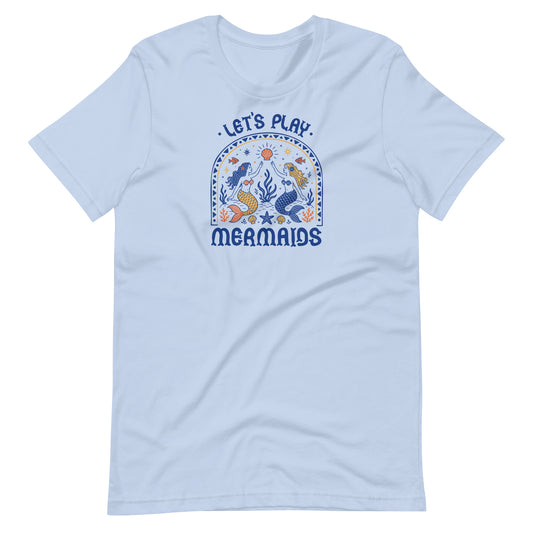 Let's Play Mermaids T-Shirt by Spinsterly Co in Baby Blue with mermaid graphic summer print for beach wear