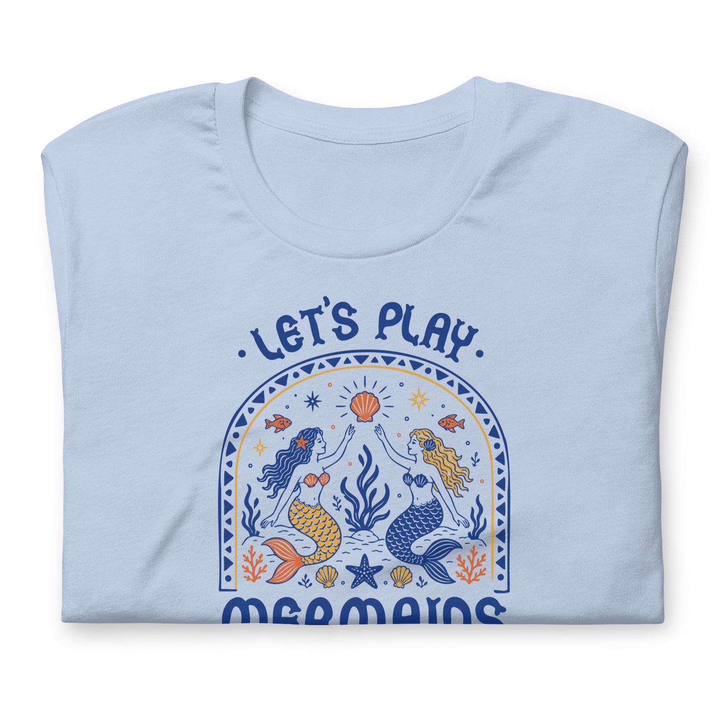 Let's Play Mermaids T-Shirt Spinsterly Co mermaid graphic summer tee baby blue with side seams and taping