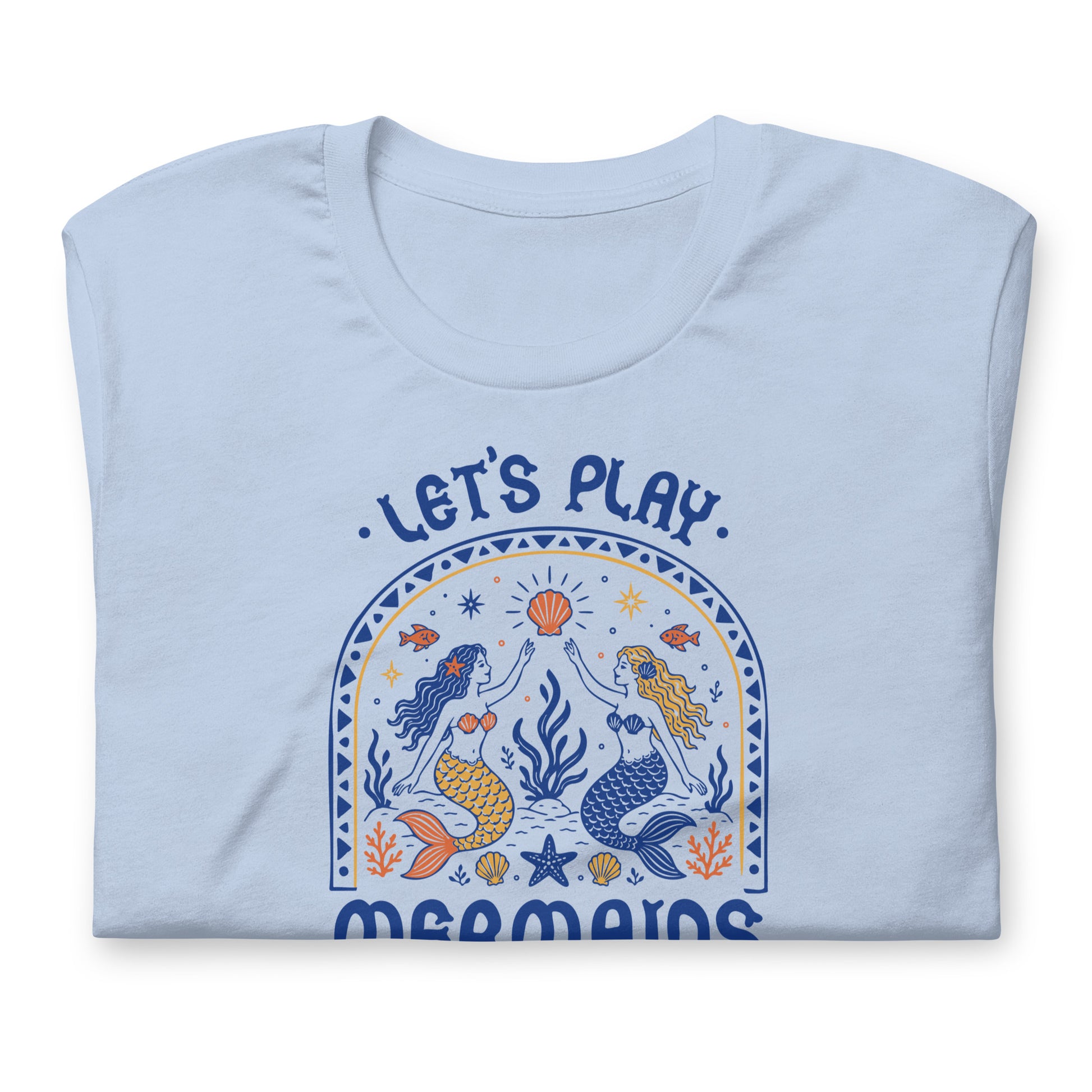 Let's Play Mermaids T-Shirt Spinsterly Co mermaid graphic summer tee baby blue with side seams and taping
