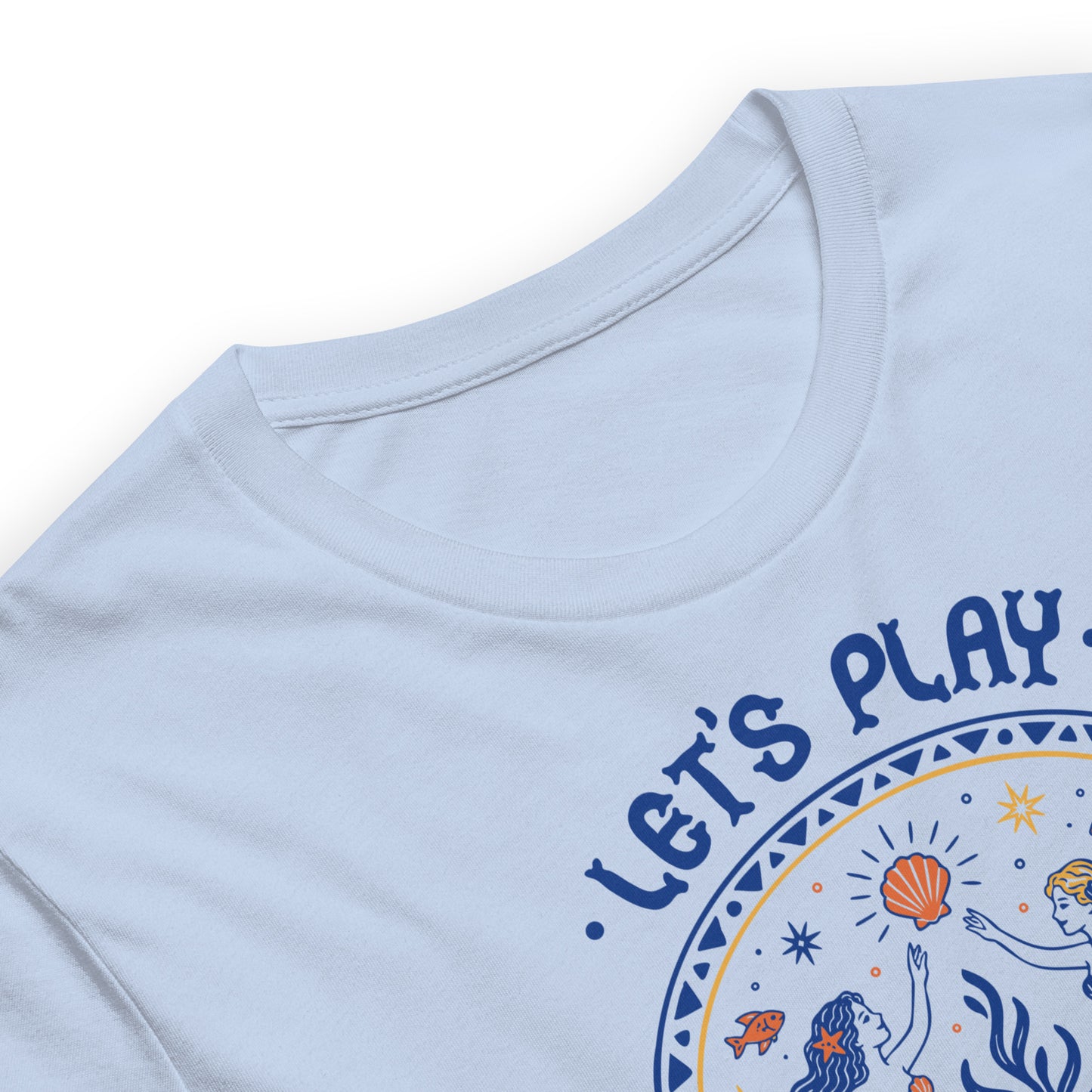 Let's Play Mermaids T-Shirt Spinsterly Co mermaid graphic summer tee baby blue with side seamed taping
