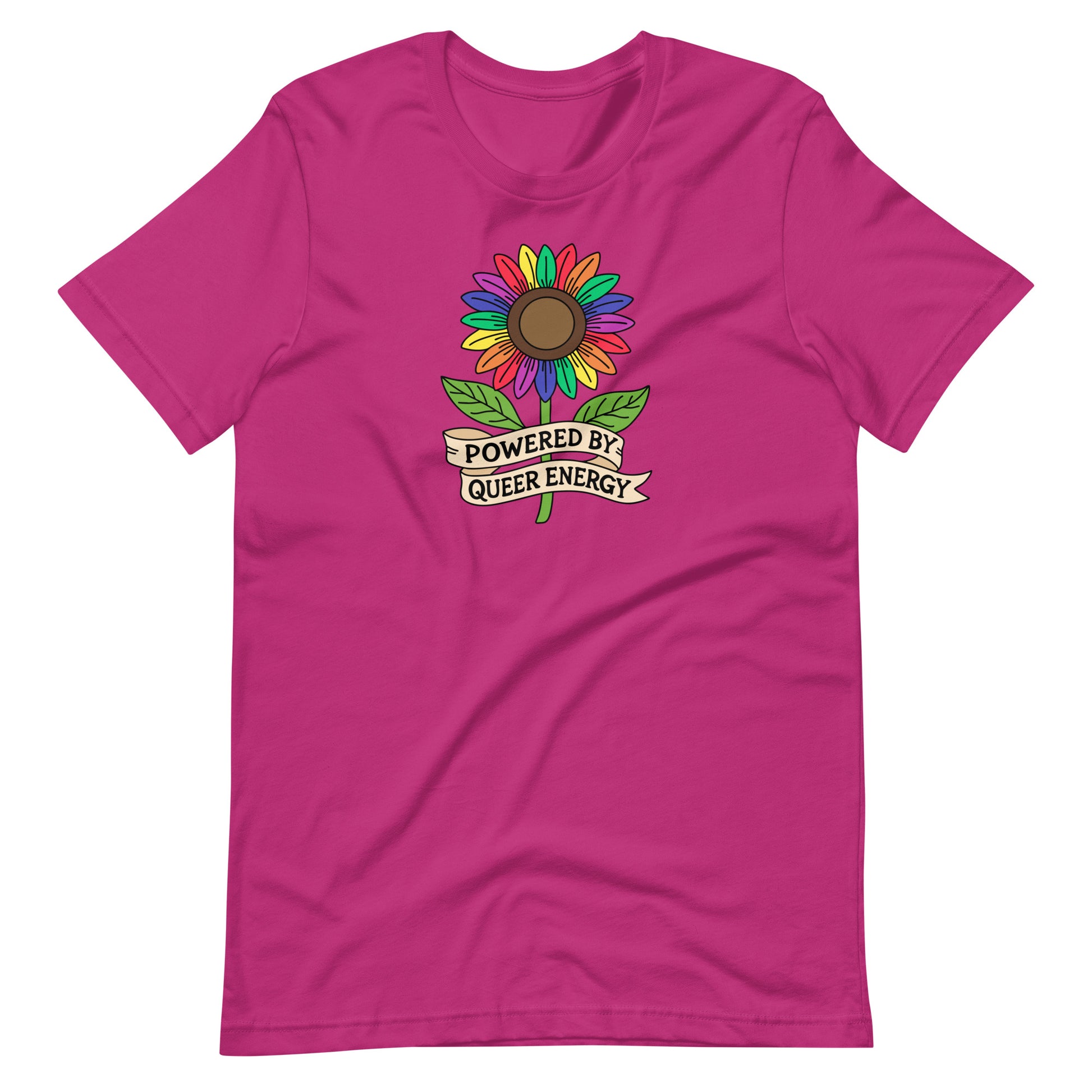 A bright pink short-sleeve t-shirt with a colorful rainbow sunflower graphic and a banner reading 'POWERED BY QUEER ENERGY' on the chest, shown against a plain white background.