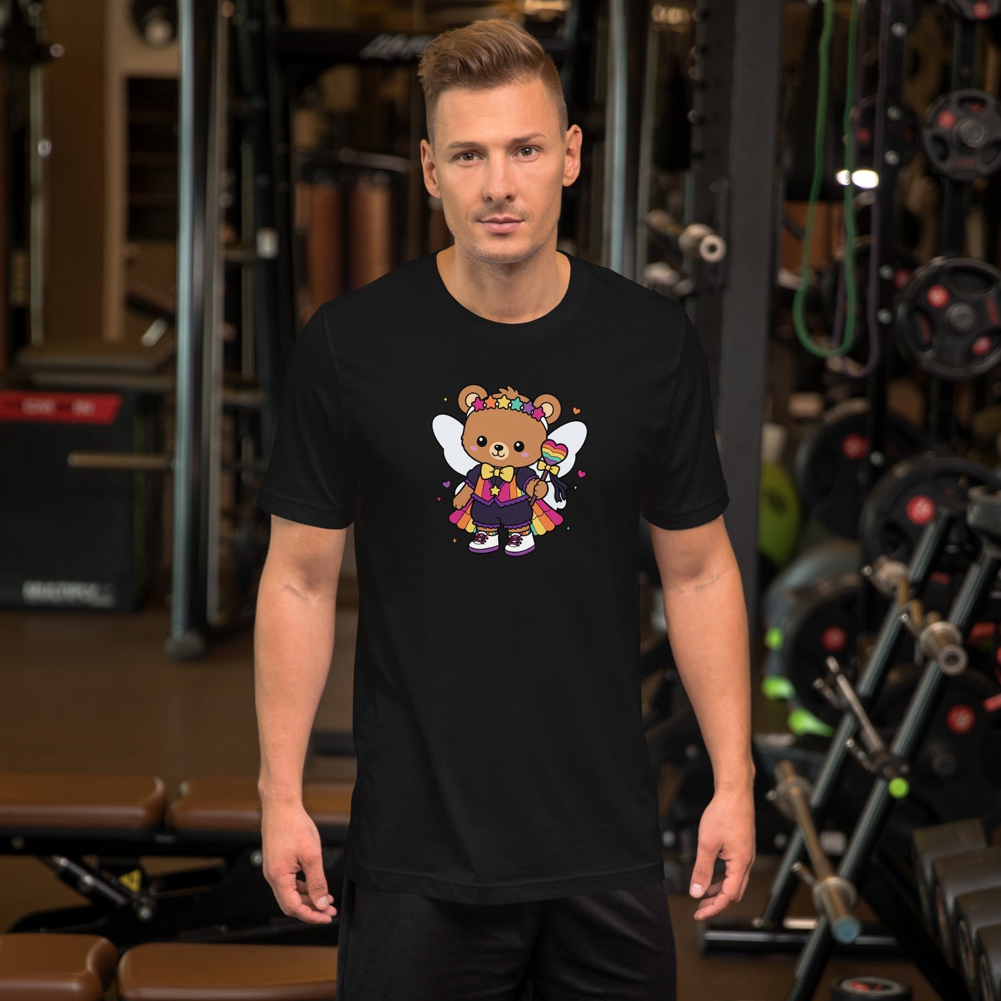 Rainbow Fairy Bear Pride T-Shirt by Spinsterly Co, black unisex tee with kawaii fairy bear front graphic