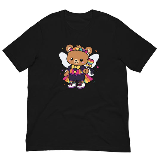 Rainbow Fairy Bear Pride T-Shirt by Spinsterly Co, black unisex tee with kawaii fairy bear rainbow graphic