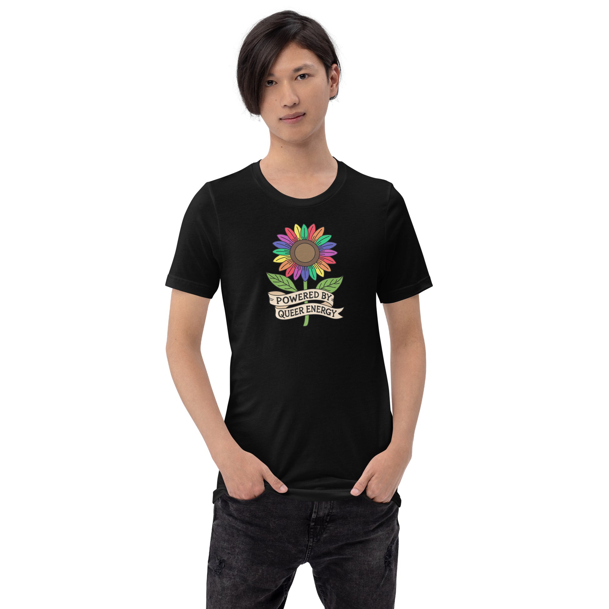 Person wearing a black t-shirt with colorful text and graphic design on a white background