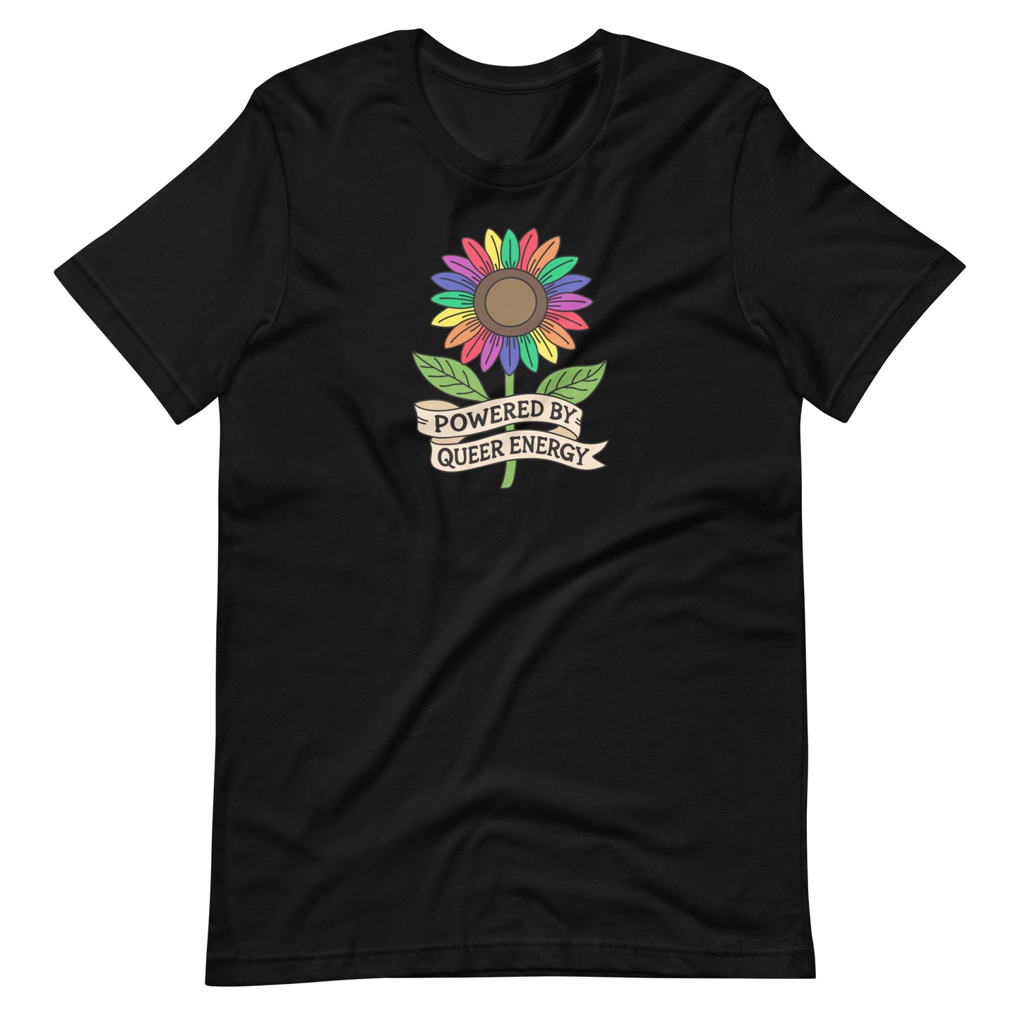 A black short-sleeve crewneck t-shirt featuring a colorful rainbow sunflower graphic with green leaves and a banner that reads 'POWERED BY QUEER ENERGY'.