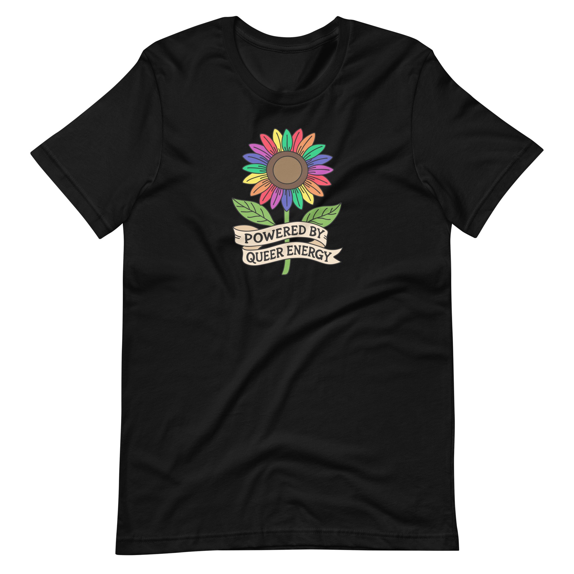 A black short-sleeve crewneck t-shirt featuring a colorful rainbow sunflower graphic with green leaves and a banner that reads 'POWERED BY QUEER ENERGY'.