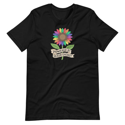 A black short-sleeve crewneck t-shirt featuring a colorful rainbow sunflower graphic with green leaves and a banner that reads 'POWERED BY QUEER ENERGY'.