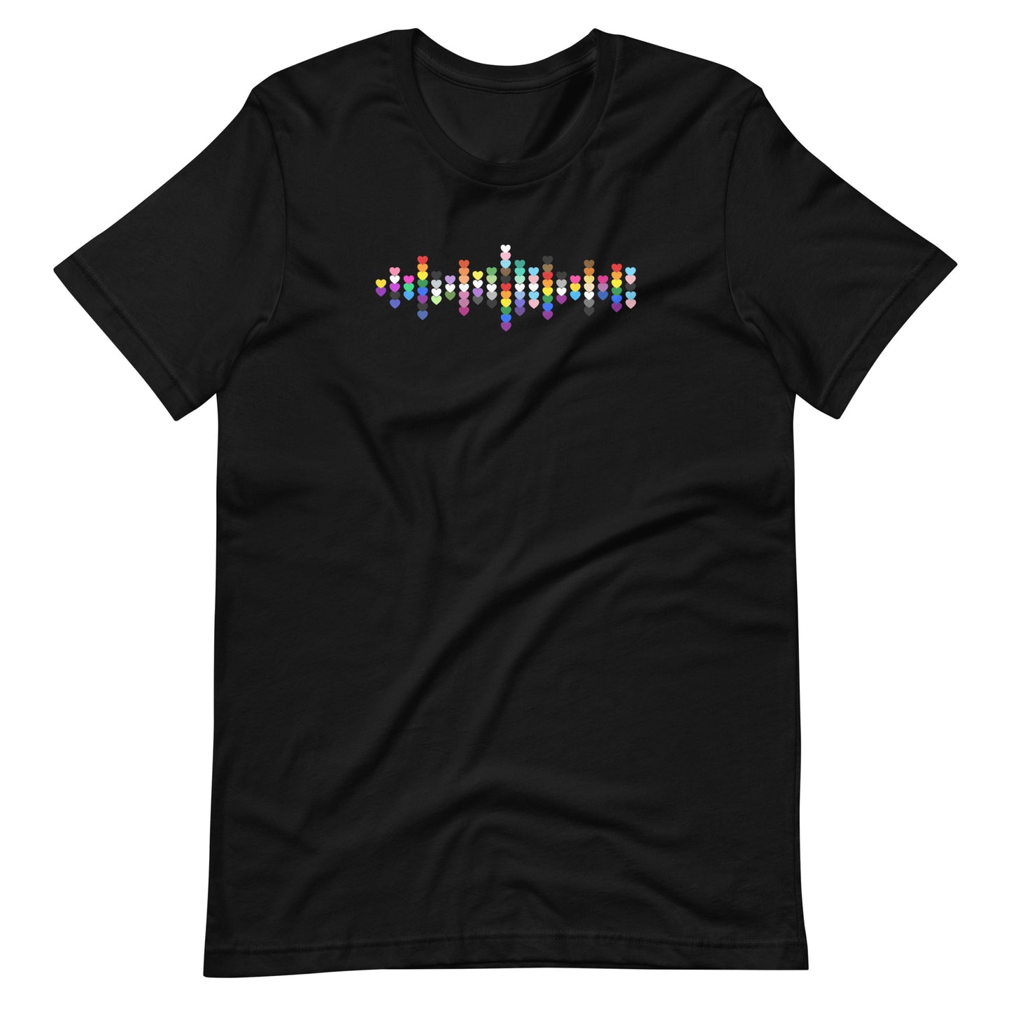 A flat lay black t-shirt with a Pride heart graphic design across the chest.