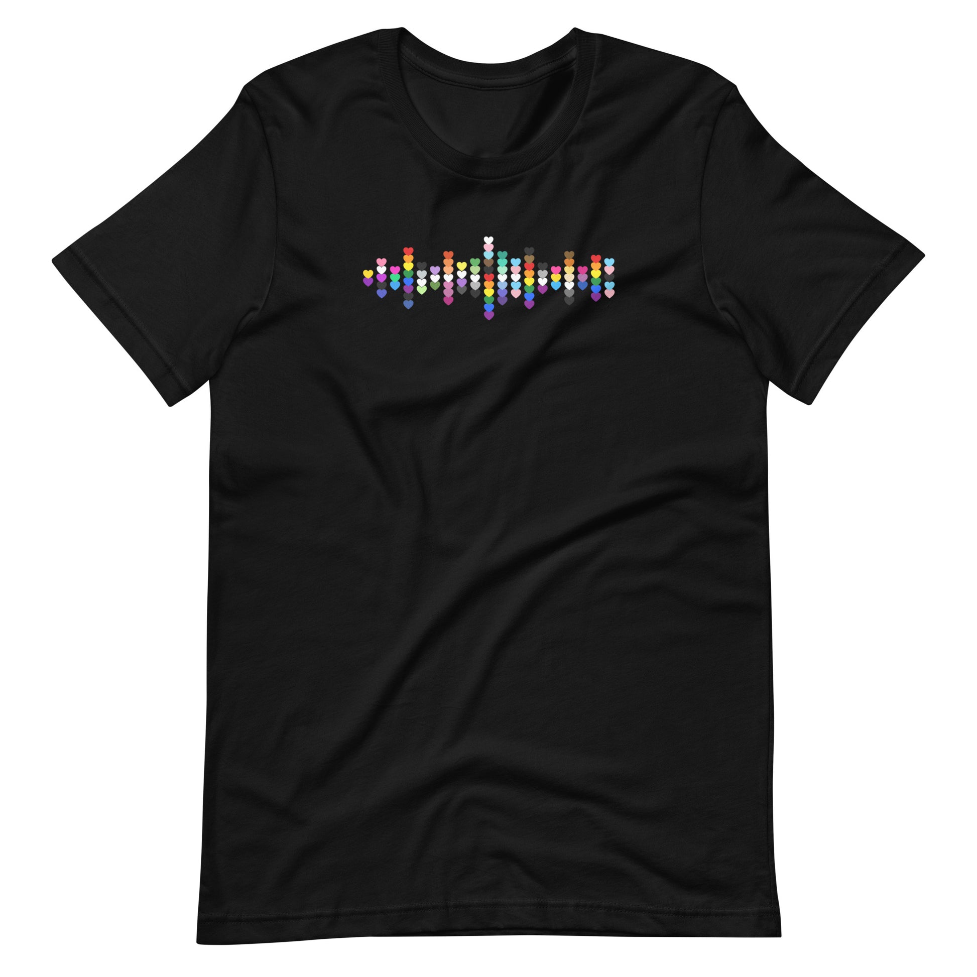 A flat lay black t-shirt with a Pride heart graphic design across the chest.