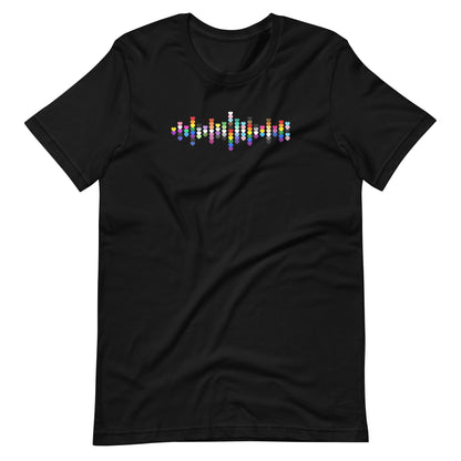 A flat lay black t-shirt with a Pride heart graphic design across the chest.