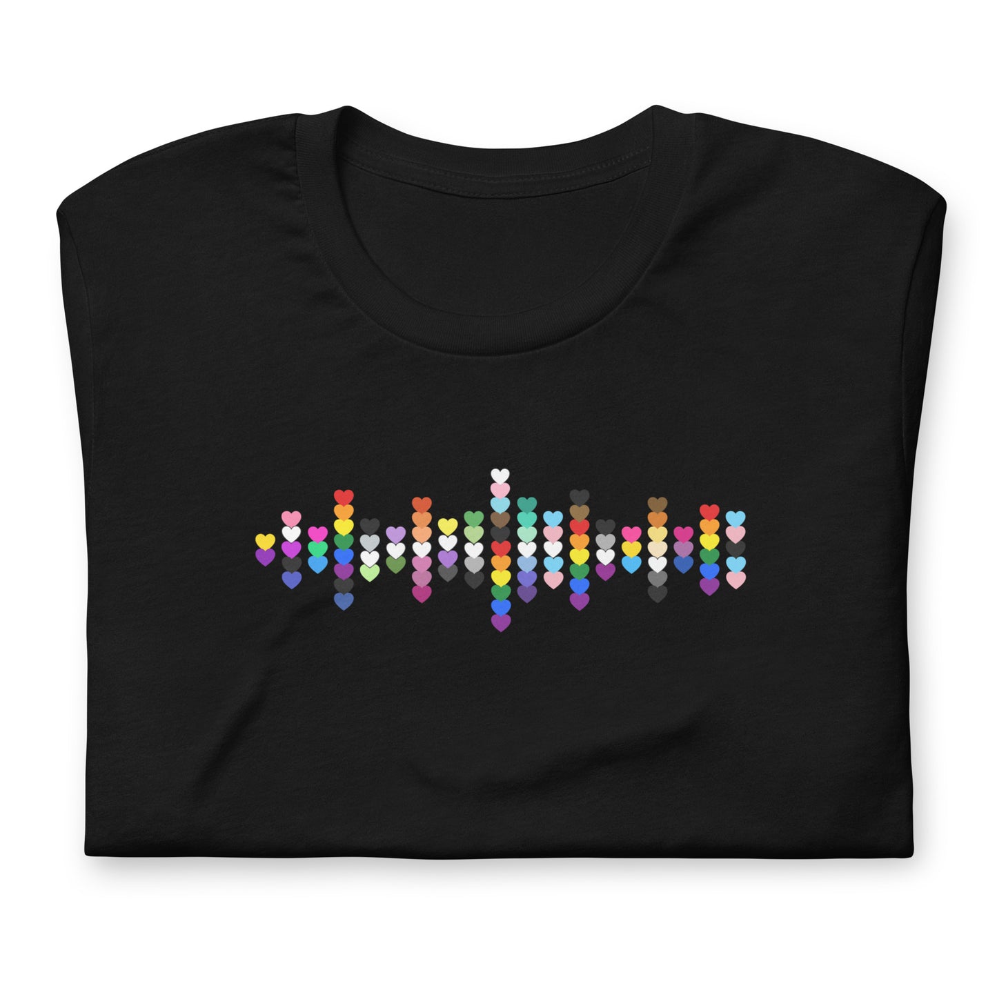 A flat lay folded black t-shirt with a Pride Heart graphic design across the chest.