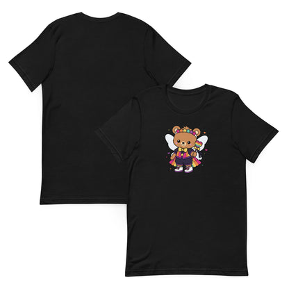 Rainbow Fairy Bear Pride T-Shirt by Spinsterly Co, black unisex tee with kawaii rainbow fairy bear graphic