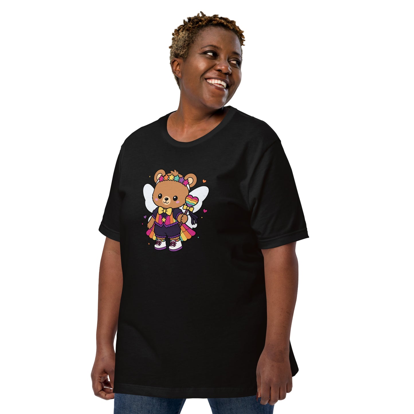 Rainbow Fairy Bear Pride T-Shirt by Spinsterly Co, black unisex tee with kawaii fairy bear front graphic