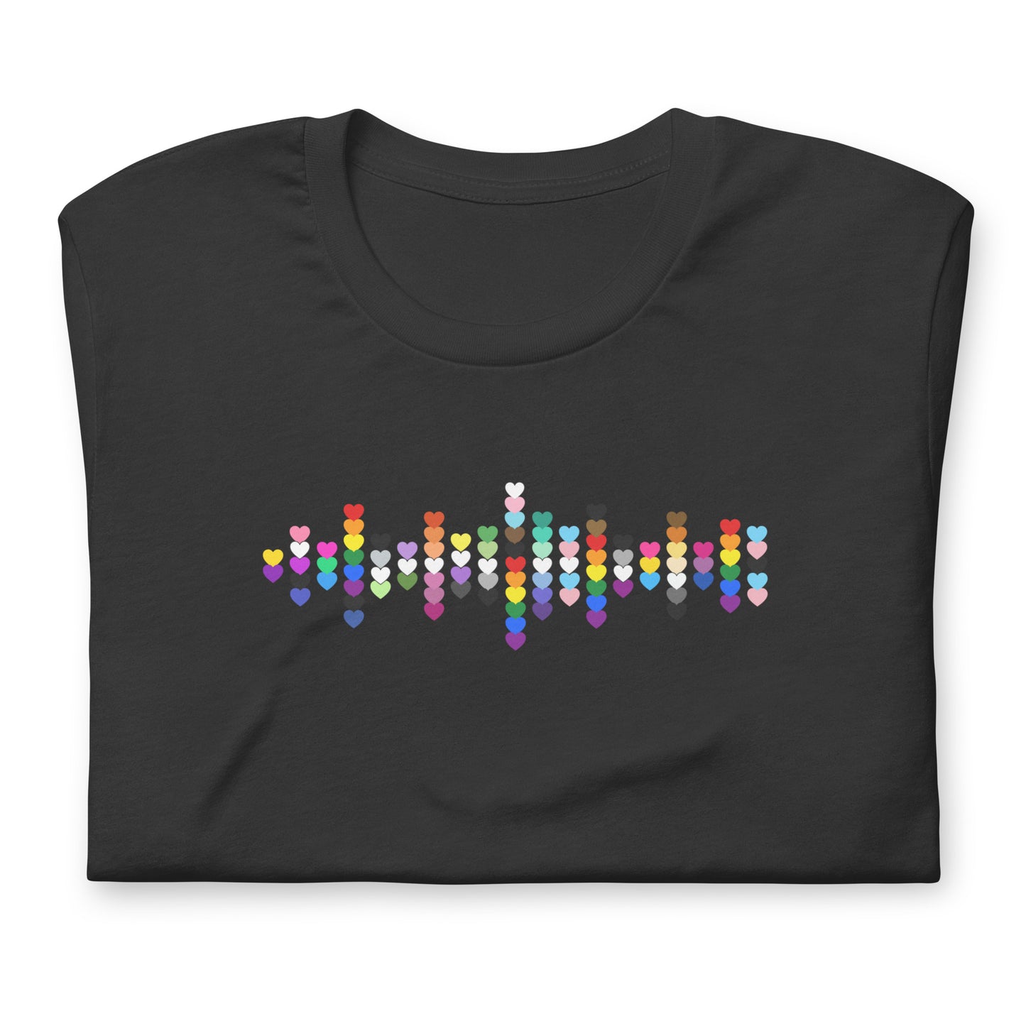 A flat lay folded grey t-shirt with a Pride Heart graphic design across the chest.
