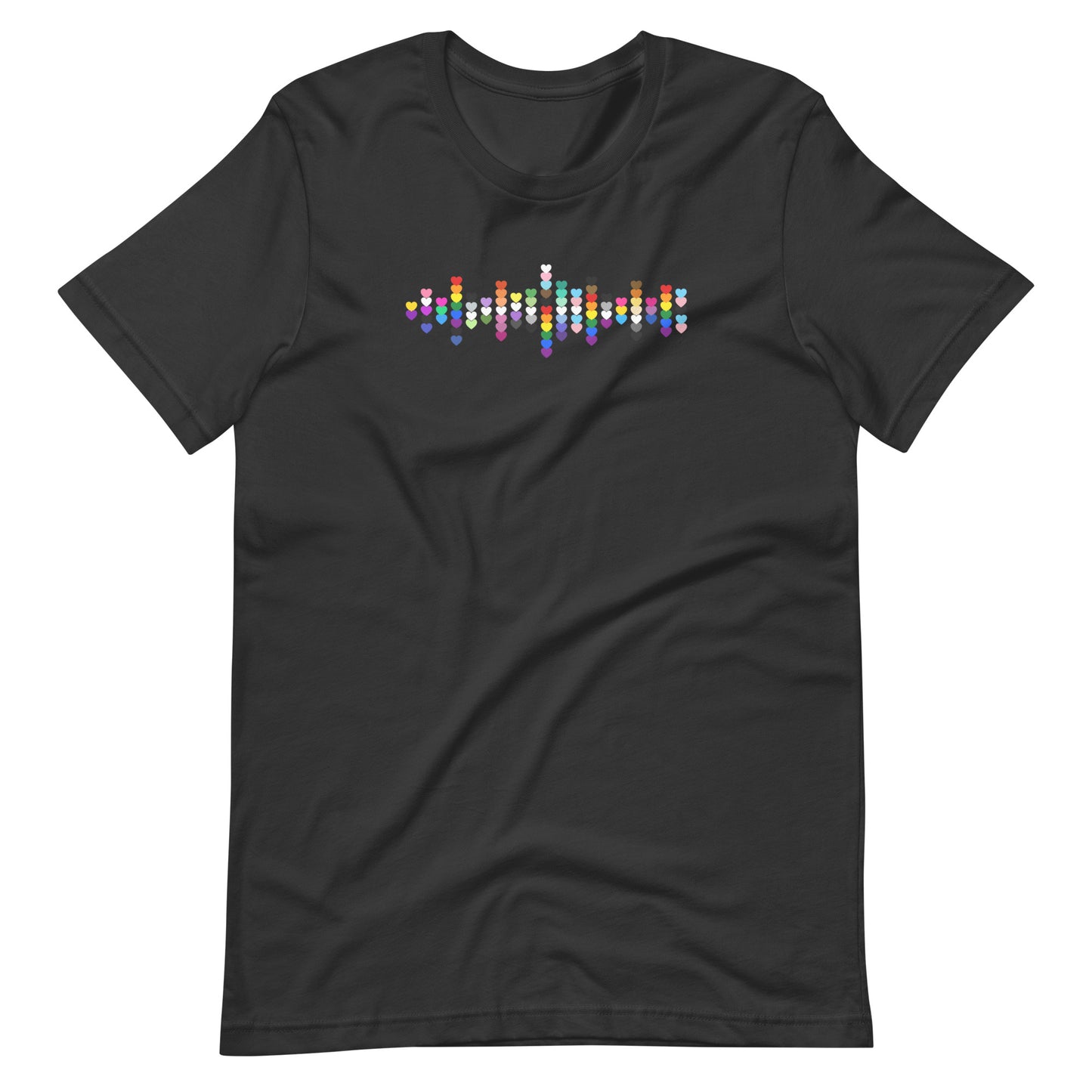A flat lay grey t-shirt with a Pride heart graphic design across the chest
