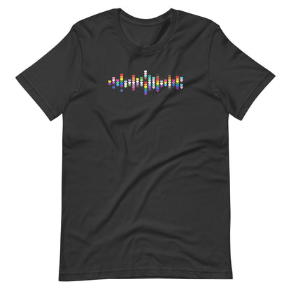 A flat lay grey t-shirt with a Pride heart graphic design across the chest