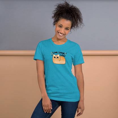 smiling woman with hair up in a messy ponytail wearing the heather aqua t-shirt with kawaii style cat and the phrase live laugh loaf surrounded by tiny hearts.