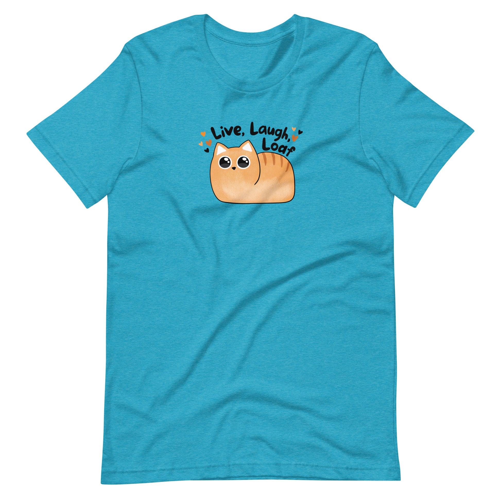 Unisex t-shirt, lay flat mockup in aqua heather featuring kawaii style orange cat and the text Live Laugh Loaf surrounded by little hearts.
