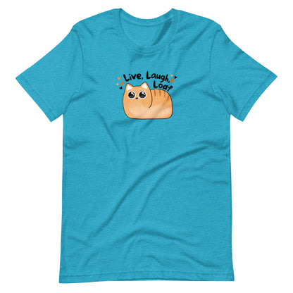 Unisex t-shirt, lay flat mockup in aqua heather featuring kawaii style orange cat and the text Live Laugh Loaf surrounded by little hearts.