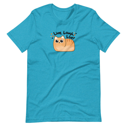 Unisex t-shirt, lay flat mockup in aqua heather featuring kawaii style orange cat and the text Live Laugh Loaf surrounded by little hearts.