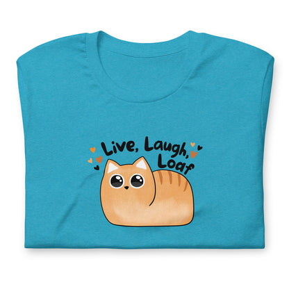 folded unisex t-shirt in aqua heather color, featuring graphic of a kawaii style cat with text Live Laugh Loaf and tiny hearts. 