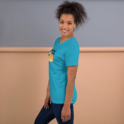 left side profile of a woman wearing a heather aqua unisex t-shirt featuring the kawaii style cat and phrase Live Laugh Loaf