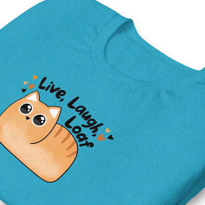 folded mockup of heather aqua featuring an orange cat illustrated in kawaii style with the phrase live laugh loaf surrounded by tiny hearts.